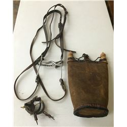 Lot of  2 Single Spurs, Old Leather Headstall With Bit, Old Leather Mexican Canteen/Water Jug (4 ite