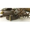 Image 2 : Lot of  2 Single Spurs, Old Leather Headstall With Bit, Old Leather Mexican Canteen/Water Jug (4 ite