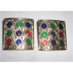 VINTAGE LARGE EARRINGS WITH GREEN/RED & BLUE ANTIQING!! EARRINGS CAME OUT OF SAFE!!
