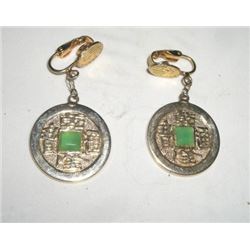 VINTAGE ORIENTAL EARRINGS WITH JADE GEMSTONE CENTERS-CLIP ON STYLE!! EARRRINGS CAME OUT OF SAFE!!