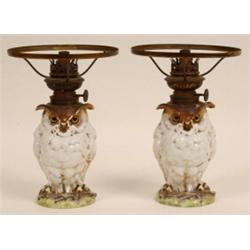 A Pair of 19th Century Oil Lamps, in the form of owls, having glass eyes and with white glass sha...