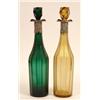 Image 1 : A Pair of Victorian Green and Amber Glass Decanters, with stoppers, with plated grape and vine po...