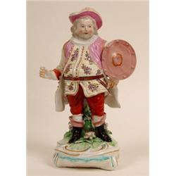 An 18th Century Derby Figure, of Falstaff, holding a shield, on a rococo style base (a.f.) 22 cm...