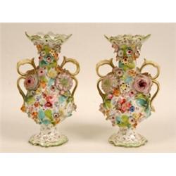 A Pair of 19th Century Coalbrookdale Style Baluster Vases, with floral painted and floral encrust...