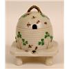 Image 1 : A Beleek Honey Pot and Cover, in the form of a wicker beehive, decorated shamrocks and bees  See...