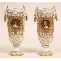 A Pair of Late 19th Century Porcelain Vases, with gilt decoration, painted small vignettes of lad...