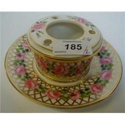 A 19th Century Derby Porcelain Inkwell and Saucer, with gilt decoration and painted roses £40 60...
