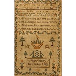 An Early 19th century Sampler, by Mary King, November 2 1801, with letters of the alphabet, verse...