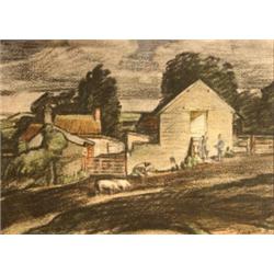 James W*** Tucker, figures by a farmyard, with pigs, pastel, signed, 24.5 x 33 cm  See illustrati...