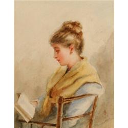 J*** S*** (?), a lady in a chair, reading, watercolour, monogrammed and indistinctly dated 188(?)...
