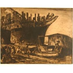 A Frank Brangwyn Artists Proof Etching, ship workers dismantling an old vessel  See illustration...