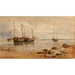 David Cox Junior, boats on the coast near Hastings, watercolour, signed and dated 1861, 13 x 23.5...