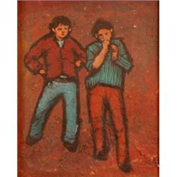Charles White, young boys, oil on canvas laid down, signed and dated '74, 29 x 24 cm  See illustr...