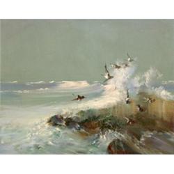 Vernon Ward, birds flying by a rocky outcrop with waves crashing over, oil on canvas, 39.5 x 49.5...