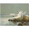 Image 1 : Vernon Ward, birds flying by a rocky outcrop with waves crashing over, oil on canvas, 39.5 x 49.5...