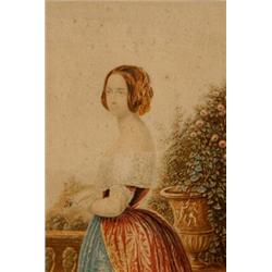 Attributed to Sir W Orpen, a lady on a balcony near a garden urn and flowers, watercolour, 12 x 8...