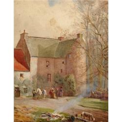 Fred Noel Paton, figures by a Scottish castle, watercolour, signed and dated 1892, 34.5 x 26.5 cm...