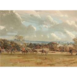 Graham Smith, a hunt in an extensive landscape, watercolour heightened with bodycolour, signed, 2...