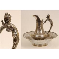 A Late 19th Century French Silver Coloured Metal Ewer and Bowl, the ewer with engine turned and e...