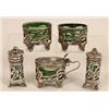 Image 1 : A Set of Art Nouveau Silver Condiments, pierced whiplash, and with green glass liners, Birmingham...