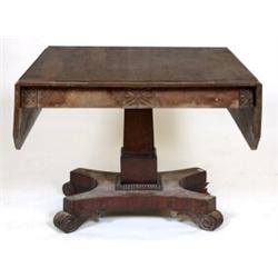 A William IV Rosewood Sofa Table, with a bead edging, frieze drawer, tapering square column and c...
