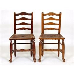 A Harlequin Set of Six 19th Century Ladder Back Dining Chairs, with rush seats, on turned front l...