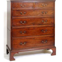 A Late 18th Century Mahogany Chest, of two short and three graduated long drawers, on bracket fee...