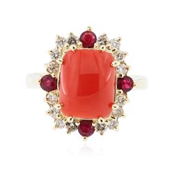 14KT Yellow Gold 3.15 ctw Coral, Ruby and Diamond Ring