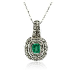 14KT White Gold 0.75 ctw Emerald and Diamond Pendant With Chain