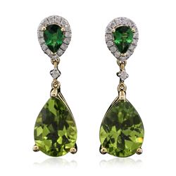 14KT Yellow Gold 7.97 ctw Peridot, Tsavorite and Diamond Earrings