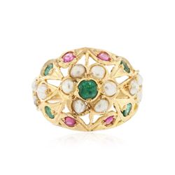 14KT Yellow Gold 0.50 ctw Emerald, Ruby and Pearl Ring