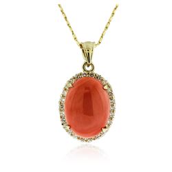 14KT Yellow Gold 12.67 ctw Coral and Diamond Pendant With Chain