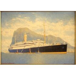 A E Harris, R M S R Arcadian off Gibraltar, watercolour, signed and inscribed, 24 x 34 cm £ 30 -...