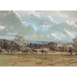 Graham Smith, a hunt in an extensive landscape, watercolour heightened with body colour, signed,...