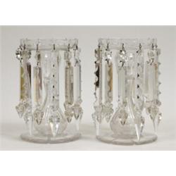 A Pair of Victorian Glass Lustres, hung prismatic drops, 22 cm  See illustration £ 50 - 80...
