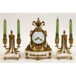 A Late 19th Century French Clock Garniture, the enamel dial with Arabic numerals and foliate swag...