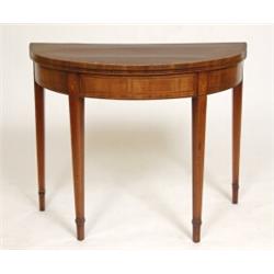 A George III Mahogany Demi Lune Card Table, crossbanded in  rosewood on tapering square legs, 91...