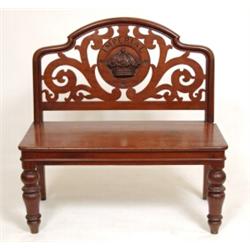 A Victorian Mahogany Hall Bench, the pierced back inscribed IMPERIAL above a crown, on turned fro...