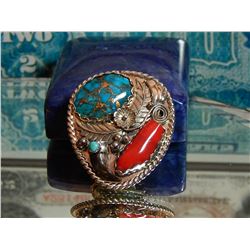 Beautiful Hand Made Native American Sterling Belt Buckle-Turquoise, Coral, Hawk Talon