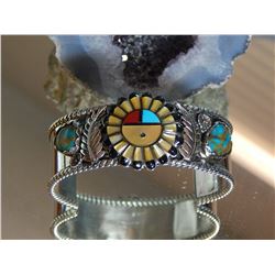 Hand made Native American Sterling Cuff Bracelet-Zuni style Sun Face, Turquoise by "POPPI"