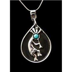 Sterling Silver Necklace with Kokopelli and Blue Gem Turquoise Cabochon
