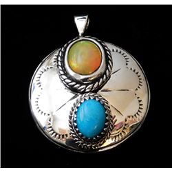 2 Sided Sterling Silver Southwestern Native American Pendant-Opal Cab & Turquoise Cab Aztec calendar