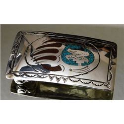 Navajo inlaid Belt Buckle-Sterling Silver-Crushed Turquoise & Coral
