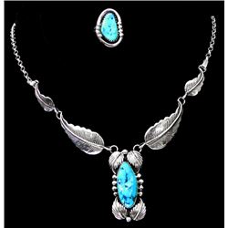 Beautiful Sterling Silver & Kingman Turquoise Native American Necklace & Ring-by "POPPI"