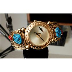 Beautiful 24k Gold over Sterling Silver-Kingman Turquoise & Coral Watch-"POPPI"-NEW