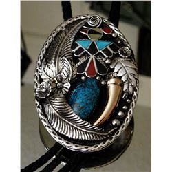 Heavy Sterling Silver & Kingman Spiderweb Turquoise/Zuni Thunderbird Bolo wih Sterling Tips-by POPPI