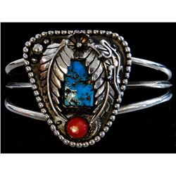 Hand made Native American Sterling Cuff Bracelet-Kingman Turquoise & Coral-"POPPI"