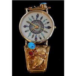 Beautiful 24k Gold over Sterling Silver-Kingman Turquoise & Coral Watch-"POPPI"-NEW