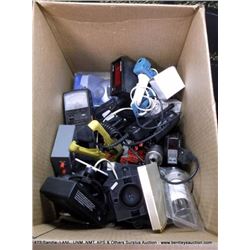 BOX: ASSORTED ELECTRONICS-METERS, GAUGES, PLUGS