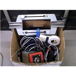 BOX: ASSORTED ELETRONICS CORDS PLUGS CONTROLS